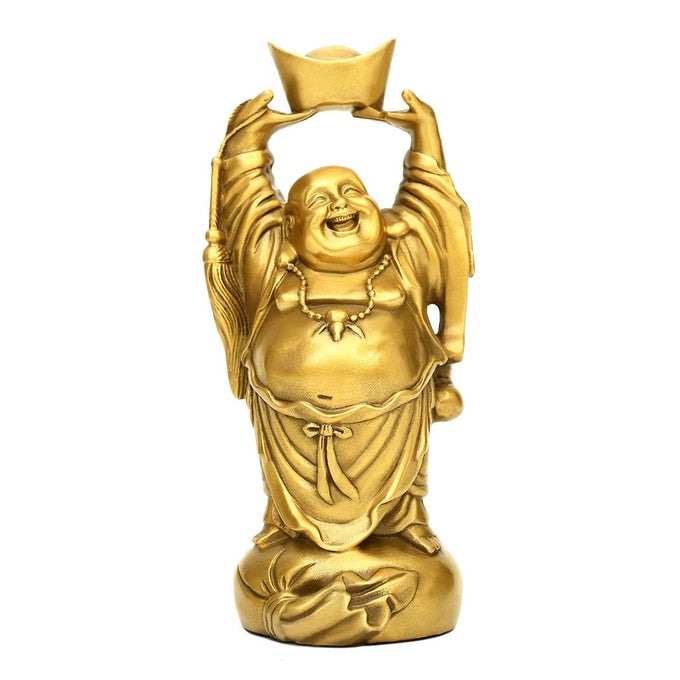 BRASS LAUGHING BUDDHA HOLDING INGOT MONEY BAG STATUE ATTRACT WEALTH FENG SHUI ORNAMENT HOME OFFICE DECORATIVE PTZY053