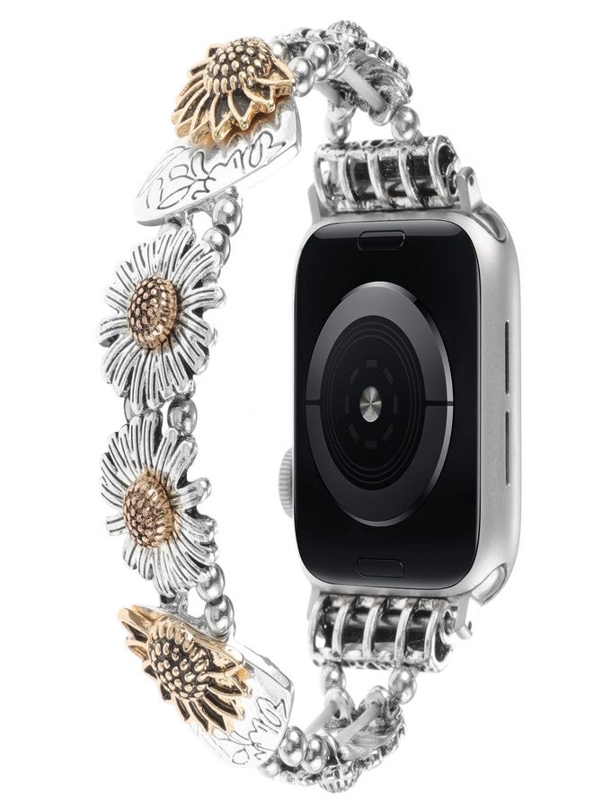 YONWORTH Stretchy Metal Bracelet Bands Compatible with Apple Watch Band 38mm 40mm 41mm, Women Fancy Elastic Sunflower Heart Dressy Stainless Replacement Wristband Strap for iWatch Series 9 8 7 6 5 4 3 2 1 SE - Image 2