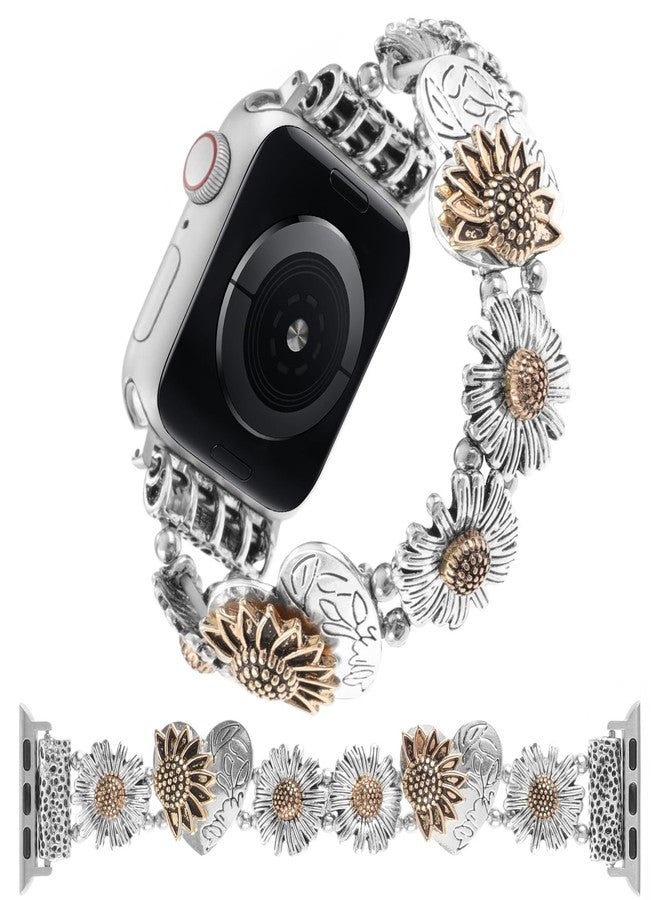 YONWORTH Stretchy Metal Bracelet Bands Compatible with Apple Watch Band 38mm 40mm 41mm, Women Fancy Elastic Sunflower Heart Dressy Stainless Replacement Wristband Strap for iWatch Series 9 8 7 6 5 4 3 2 1 SE - Image 1