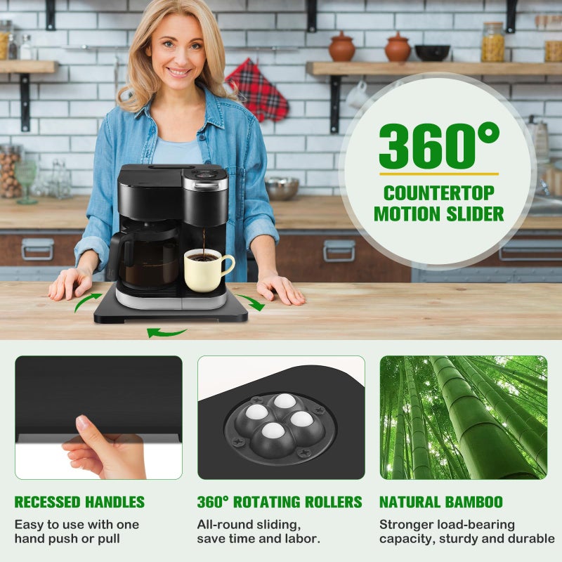 Taladad Appliance Slider 360Â° Rolling Tray for Coffee Maker Bamboo Coffee Pot Slider Tray Countertop Rotation Sliding Tray with Wheels, Small Appliances Mat Easily from Under the Cabinet Black(13.9"Ã—11.6") - Image 4