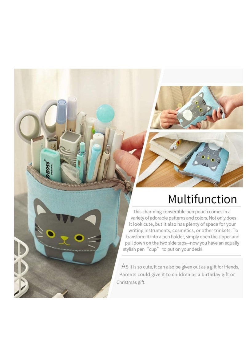 SYOSI Pencil Holder, Transformer Stand Store Holder Canvas PU Cartoon Cute Cat Telescopic Organizer Cosmetics Pouch Makeup Bag up Case for Student Girl Boy Adult  - Image 5
