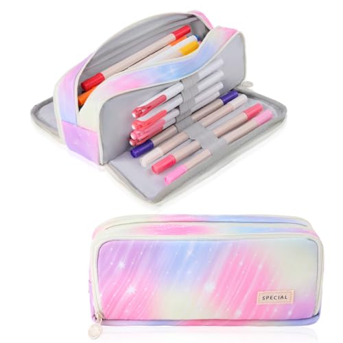 iSuperb Large Pencil Case 3 Compartments Pencil Pouch Big Capacity Pencil Bag Oxford Stationery Storage Pen Bag Cosmetic Makeup Pouch for Women (Dream Pink) - Image 1