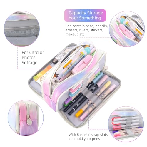 iSuperb Large Pencil Case 3 Compartments Pencil Pouch Big Capacity Pencil Bag Oxford Stationery Storage Pen Bag Cosmetic Makeup Pouch for Women (Dream Pink) - Image 3