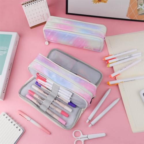 iSuperb Large Pencil Case 3 Compartments Pencil Pouch Big Capacity Pencil Bag Oxford Stationery Storage Pen Bag Cosmetic Makeup Pouch for Women (Dream Pink) - Image 2