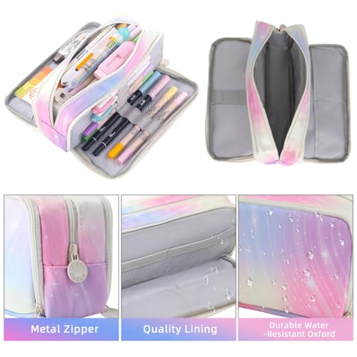 iSuperb Large Pencil Case 3 Compartments Pencil Pouch Big Capacity Pencil Bag Oxford Stationery Storage Pen Bag Cosmetic Makeup Pouch for Women (Dream Pink) - Image 4