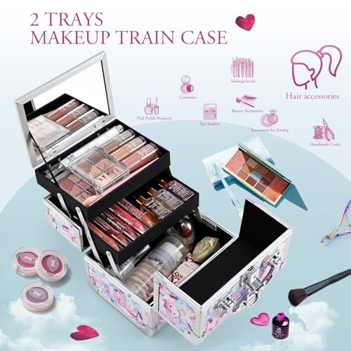 Joligrace Makeup Case for Girls Cosmetic Train Case Makeup Storage Box Jewelry Organizer Hair Accessories Lockable with Trays & Mirror Kids Gift Coloful Pink Unicorn - Image 3