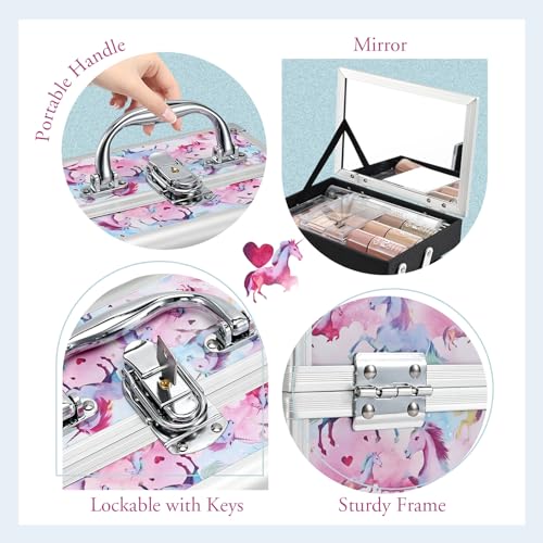 Joligrace Makeup Case for Girls Cosmetic Train Case Makeup Storage Box Jewelry Organizer Hair Accessories Lockable with Trays & Mirror Kids Gift Coloful Pink Unicorn - Image 4