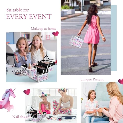 Joligrace Makeup Case for Girls Cosmetic Train Case Makeup Storage Box Jewelry Organizer Hair Accessories Lockable with Trays & Mirror Kids Gift Coloful Pink Unicorn - Image 5