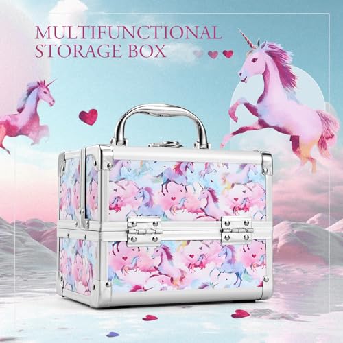 Joligrace Makeup Case for Girls Cosmetic Train Case Makeup Storage Box Jewelry Organizer Hair Accessories Lockable with Trays & Mirror Kids Gift Coloful Pink Unicorn - Image 2