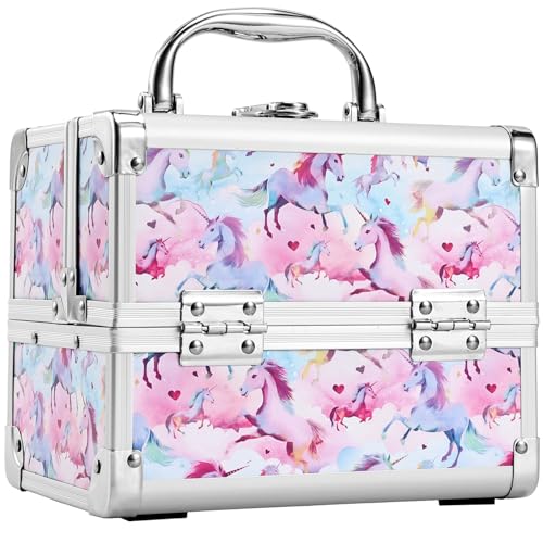 Joligrace Makeup Case for Girls Cosmetic Train Case Makeup Storage Box Jewelry Organizer Hair Accessories Lockable with Trays & Mirror Kids Gift Coloful Pink Unicorn - Image 1