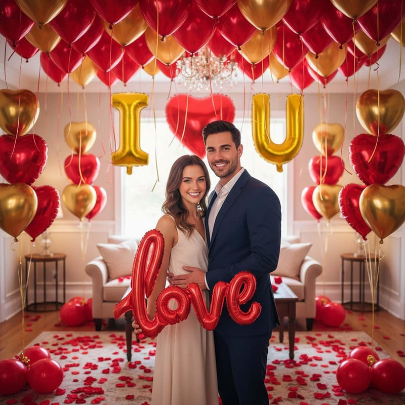 yeewaka I Love You Balloons for Him/Her Balloons Red gold romantic balloon kit with Red heart LOVE mylar balloons Red rose petals for hotel Decorations Valentines Party wedding anniversary supplies - Image 5