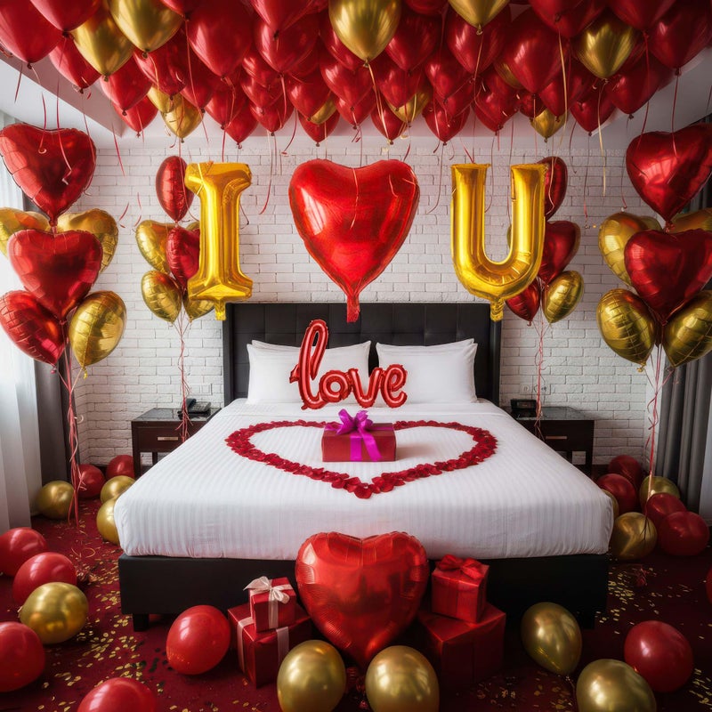 yeewaka I Love You Balloons for Him/Her Balloons Red gold romantic balloon kit with Red heart LOVE mylar balloons Red rose petals for hotel Decorations Valentines Party wedding anniversary supplies - Image 1