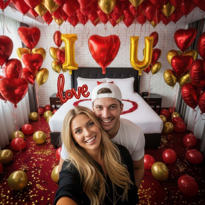 yeewaka I Love You Balloons for Him/Her Balloons Red gold romantic balloon kit with Red heart LOVE mylar balloons Red rose petals for hotel Decorations Valentines Party wedding anniversary supplies - Image 4
