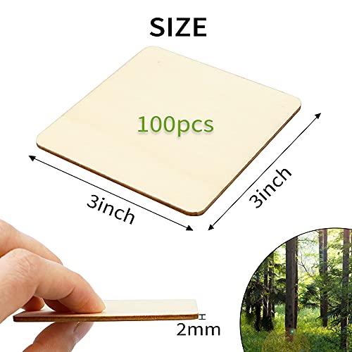 TKOnline 100Pcs Unfinished Wood Pieces, 3 x 3 Inch Blank Natural Wood Square Wooden Slices Wooden Board for DIY Crafts, Painting, Coasters, Scrabble Tiles, Decoration - Image 2