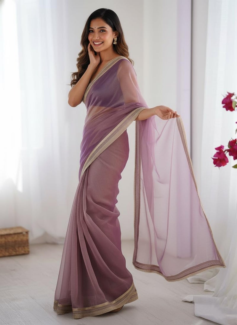 Yashika Women's Organza Plain Lace Border Saree | Purple Color Saree | Women Sari | Saree_(AZ-YS-OG1-DILBAR PURPLE) - Image 4