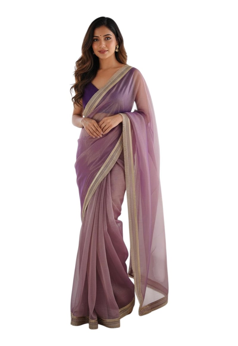 Yashika Women's Organza Plain Lace Border Saree | Purple Color Saree | Women Sari | Saree_(AZ-YS-OG1-DILBAR PURPLE) - Image 1