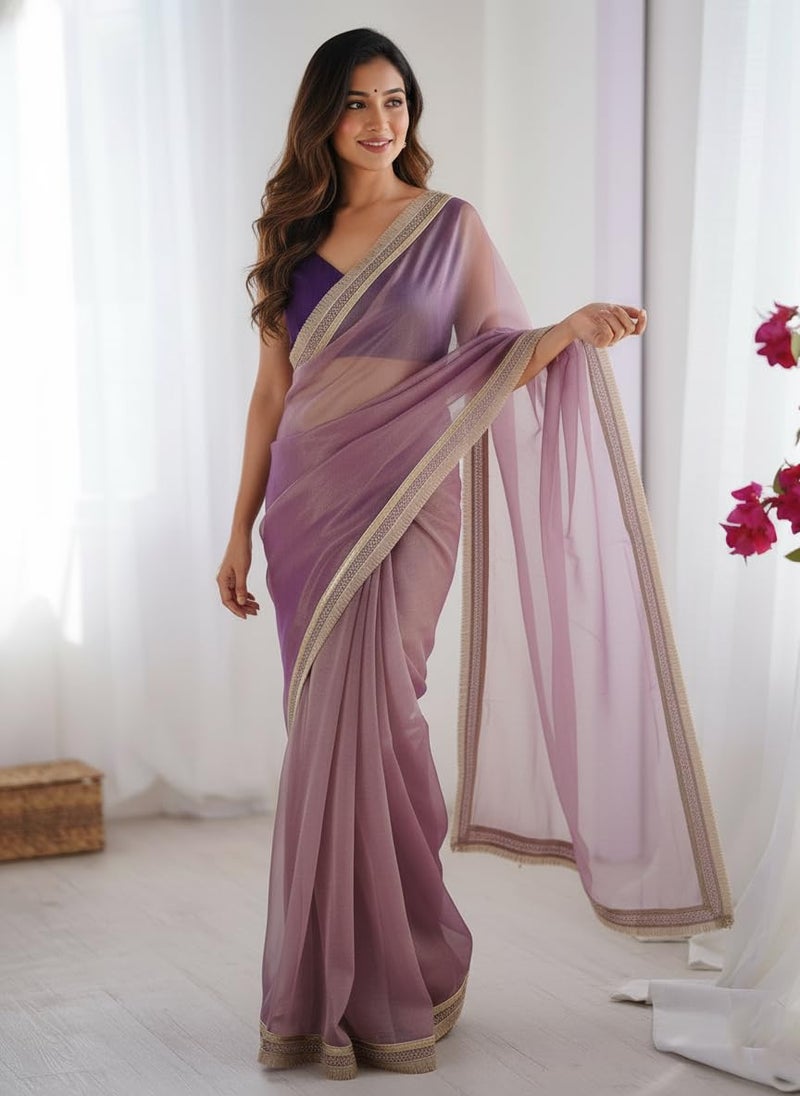 Yashika Women's Organza Plain Lace Border Saree | Purple Color Saree | Women Sari | Saree_(AZ-YS-OG1-DILBAR PURPLE) - Image 3