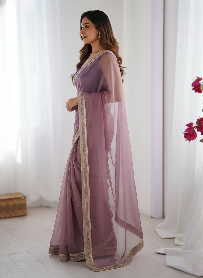 Yashika Women's Organza Plain Lace Border Saree | Purple Color Saree | Women Sari | Saree_(AZ-YS-OG1-DILBAR PURPLE) - Image 5