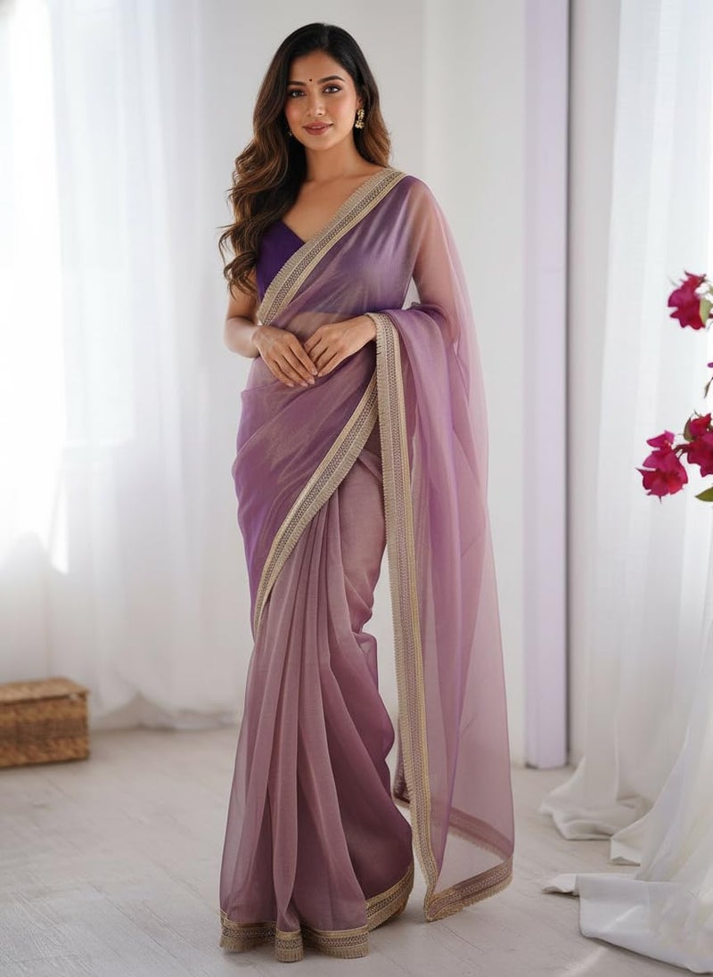Yashika Women's Organza Plain Lace Border Saree | Purple Color Saree | Women Sari | Saree_(AZ-YS-OG1-DILBAR PURPLE) - Image 2