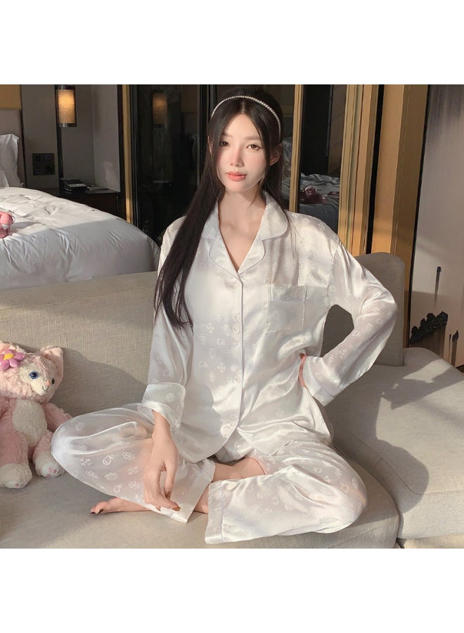 High-value Printed Ice Silk Pajamas For Women, New Spring Style, Thin Long-sleeve And Long-pants Homewear Set, Can Be Worn Outside