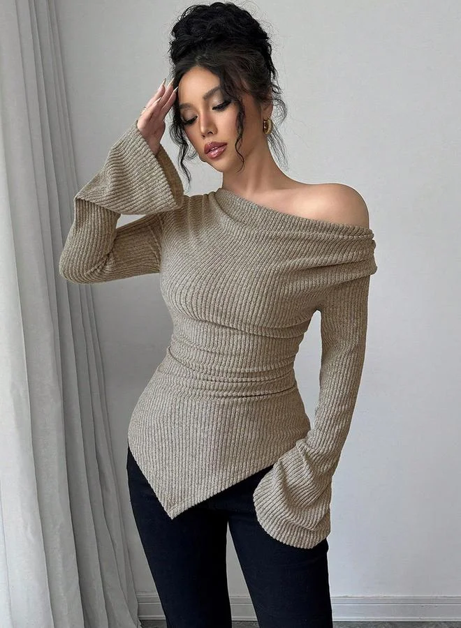 Take Two Women Grey Knit Top with Drape Neck