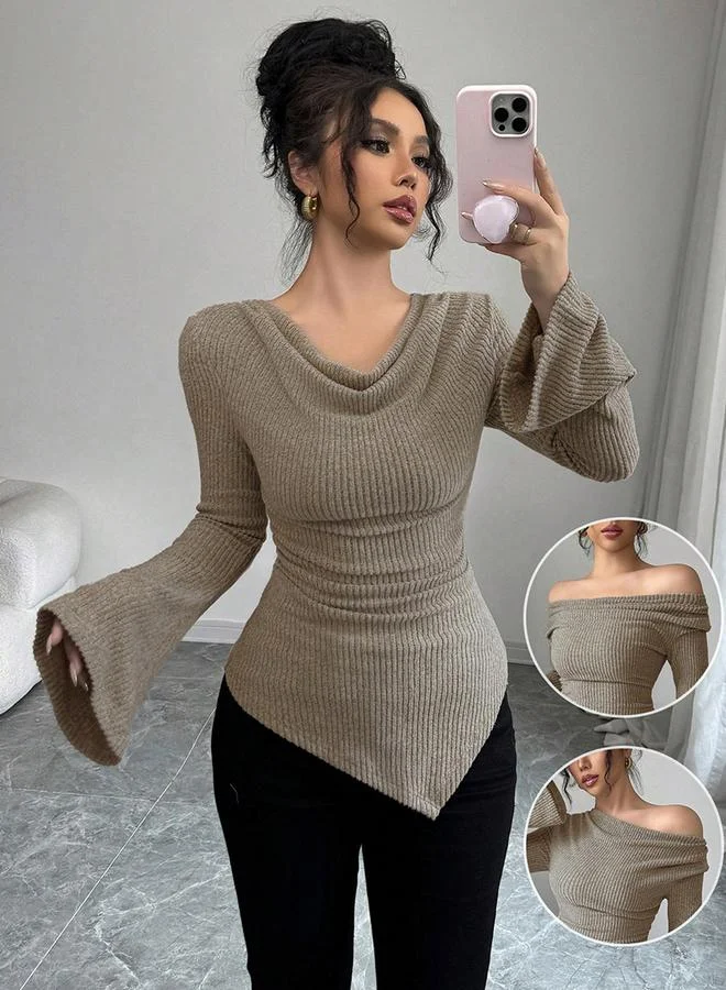 Take Two Women Grey Knit Top with Drape Neck