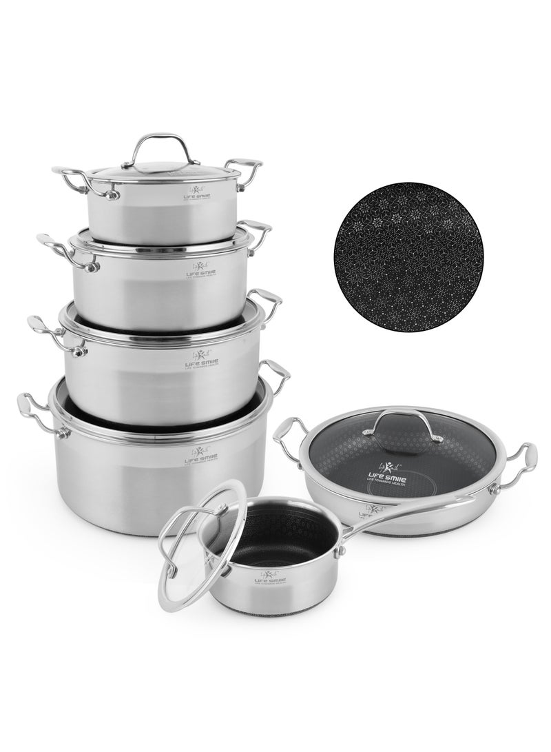 Life Smile Hybrid Stainless Steel Cookware Set – 12 Pieces | Non-Stick Interlocking Pattern | Induction Compatible | 304 Stainless Steel Interior | Multi-Size Pots & Saucepan - Image 1