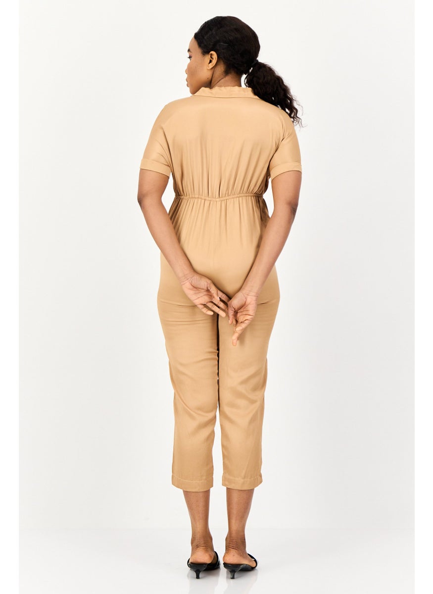 ONLY Women Solid Short Sleeve Jumpsuits, Dark Tan  - Image 2