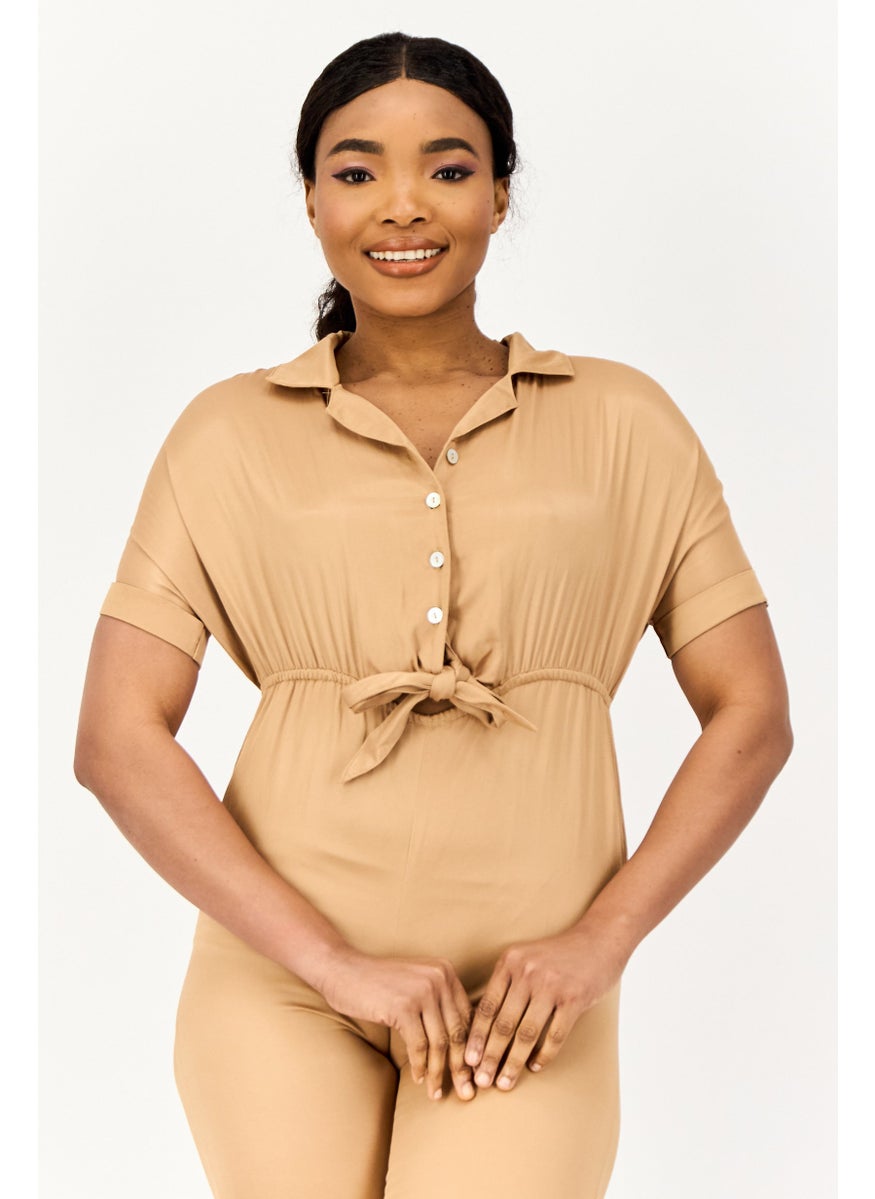 ONLY Women Solid Short Sleeve Jumpsuits, Dark Tan  - Image 4