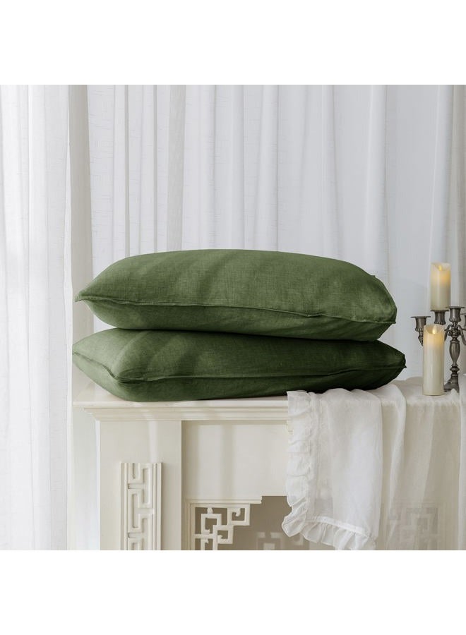 EVERLY 100% Linen Pillowcases Set of 2, Envelope Overlap Closure French Natural Washed Flax Pillowcases 20x26 inches-Mossy Green - Image 1