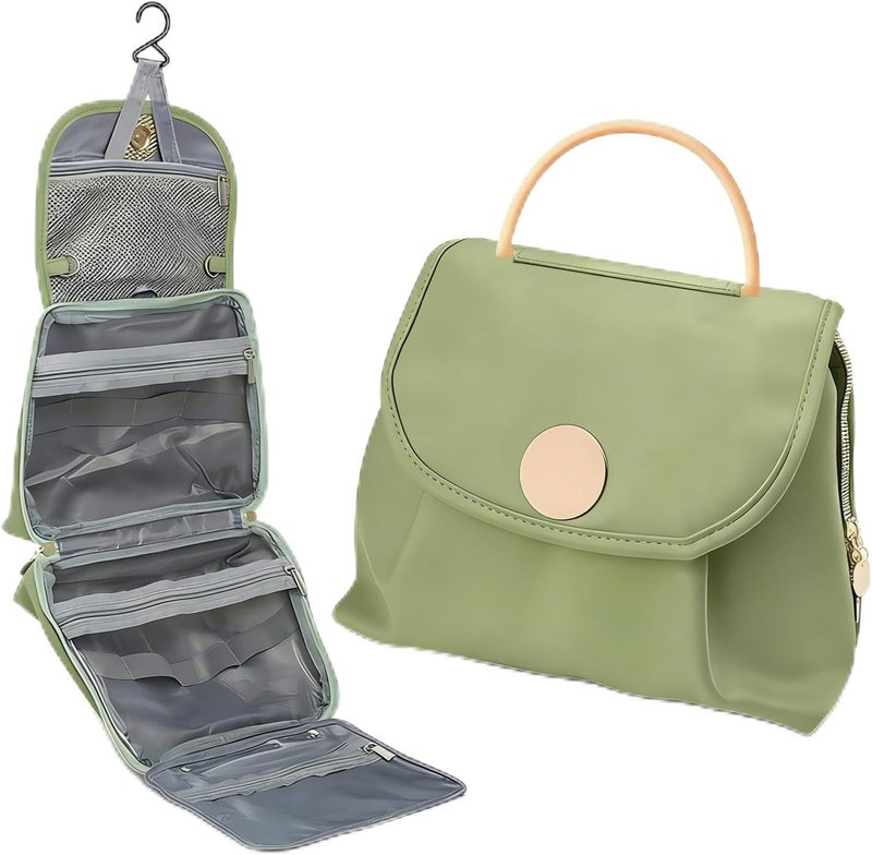 Green Leather Toiletry Bag, Waterproof Travel Cosmetic Makeup Organizer, 11.5 x 10.8 x 2.5 in / 29.3 x 27.5 x 6.4 cm Hanging Wash Pouch with Handle, Multi-layer Storage for Bathroom Essentials - Image 1