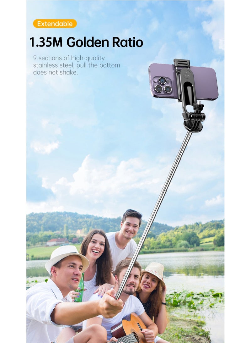 1.35m Advanced phone tripod & selfie stick, smartphone stand all-in-1 with integrated wireless remote, 360° rotation, with 9 levels of fill light, portable, lightweight, extendable - Image 3