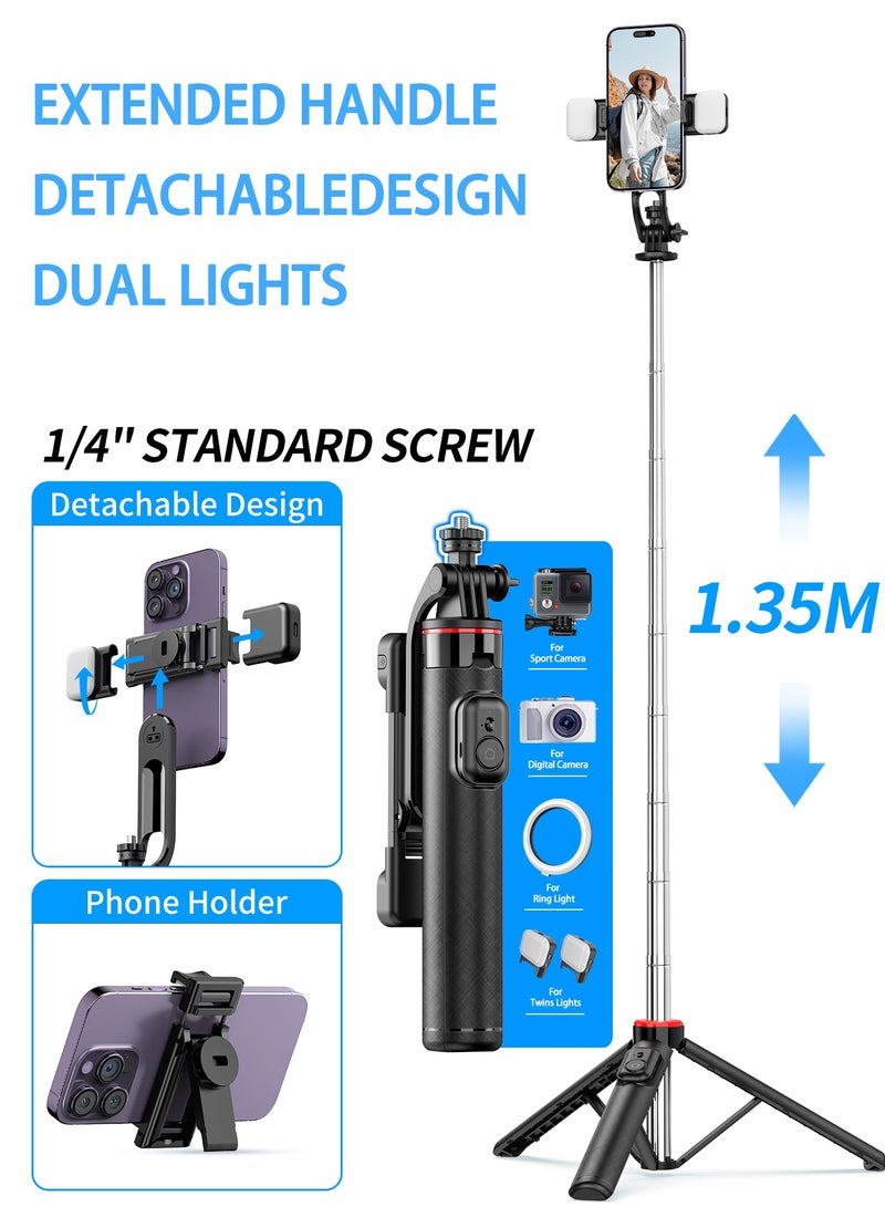 1.35m Advanced phone tripod & selfie stick, smartphone stand all-in-1 with integrated wireless remote, 360° rotation, with 9 levels of fill light, portable, lightweight, extendable - Image 1