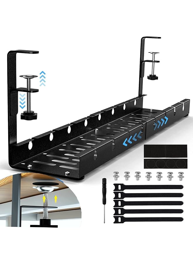 PROMASS Under Desk Cord Organizer, Under Desk Cable Management Tray-The upgraded shrinkable product, No Drill Cable Organizer for Wire Management, No Damage to Desk, Perfect for Office/Home/Kitchens (black) - Image 1