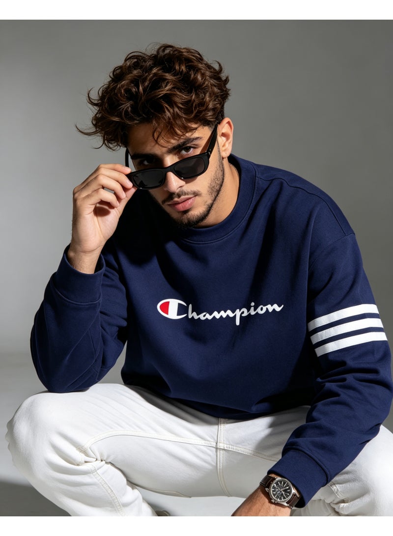 شامبيون Champion سترة للرجال والنساء بأكمام طويلة ياقة دائرية تصميم عادي ملابس يومية أزرق داكن - Image 4