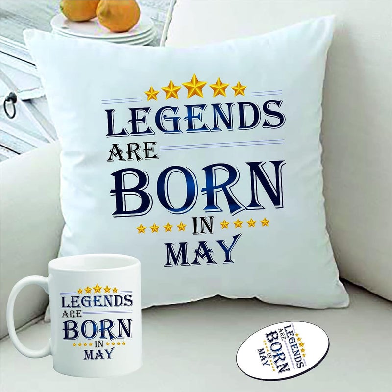 PICRAZEE PICRAZEE Legends are Born in May Happy Birthday Gift Combo Set 1 Printed 12 x 12 Satin Cushion with Filler 1 Coffee Mug 1 Fridge Magnet May CMF - Image 1