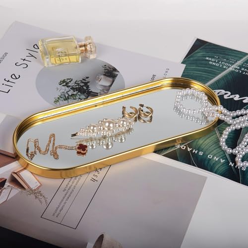 Feyarl Gold Mirrored Jewelry Trinket Tray Vanit Little Ring Earings Organizer Ornate Cosmetic Perfume Tray Display Decorative Coffee Table Tray for Home Decor Dinning Room Dresser Tabletop - Image 3