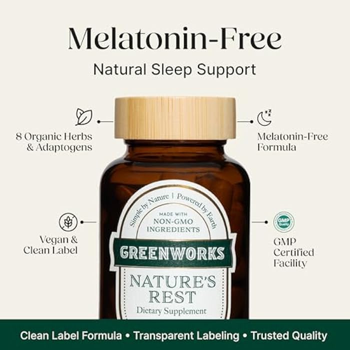 Greenworks Nature's Rest Melatonin-Free Sleep Aid for Adults | Organic Herbal Sleep Supplement with Valerian Root, Ashwagandha, Chamomile & Passionflower | Vegan, Non-GMO, 30-Day Supply, 60 Capsules - Image 3