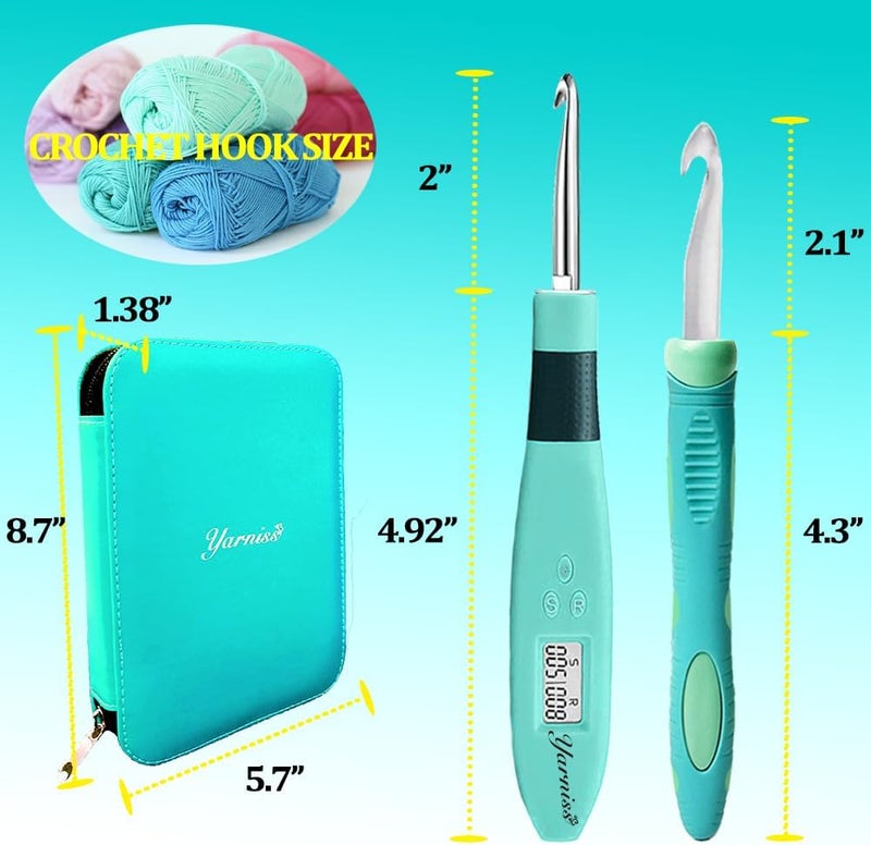 Yarniss 18 حجم عداد خطاطيف الكروشيه مع ضوء، مجموعة خطاطيف كروشيه مع عداد رقمي وحقيبة (2.0mm~14.0mm) - Image 4