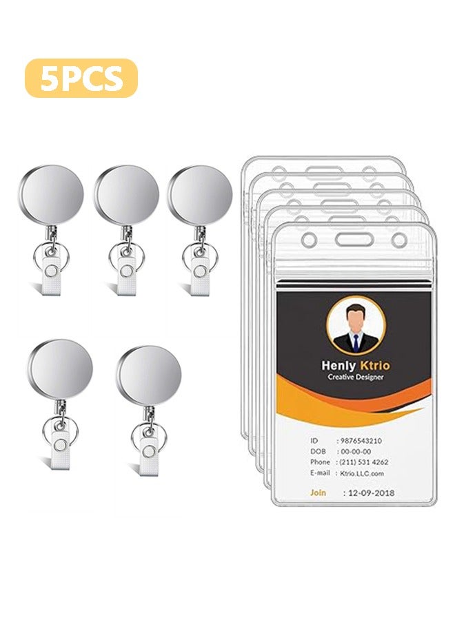 Generic 5 Pack Retractable Badge Holder, ID Badge Holders with Heavy Duty Carabiner Reel Clip Key Ring, Waterproof Vertical Style Clear ID Card Holders  - Image 1