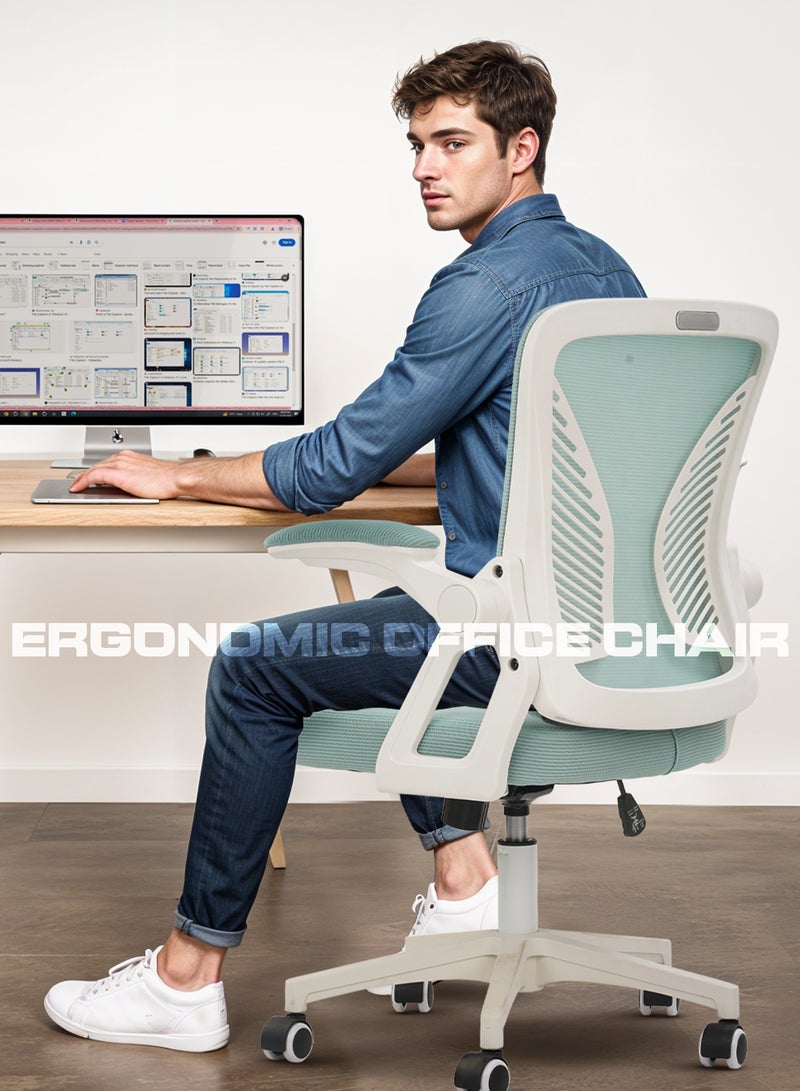 DROGO Premium Ergonomic Office Chair for Work from Home, High Back Computer Chair with Flip Up Armrest, Breathable Mesh, Rocking, Adjustable Seat, Winged Back | Mesh Chair for Office White/Blue - Image 2