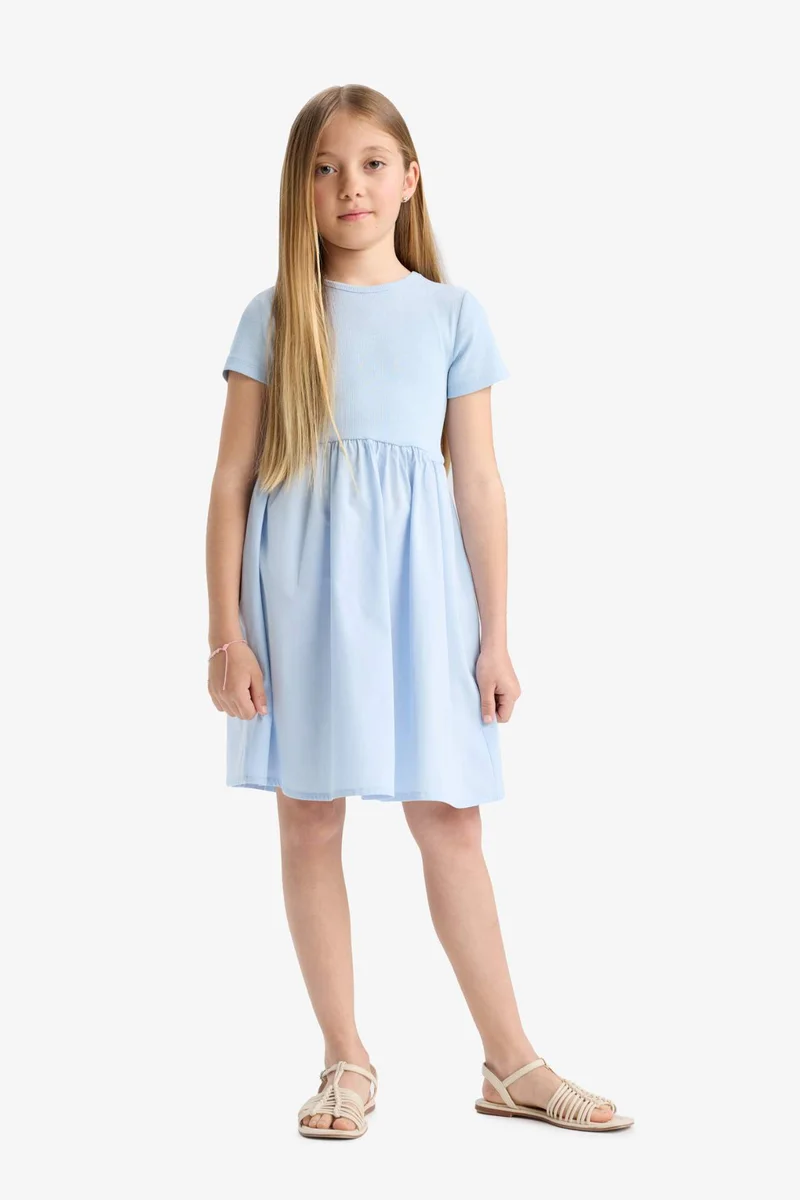Defacto Girl Crew Neck Corduroy Short Sleeve Dress