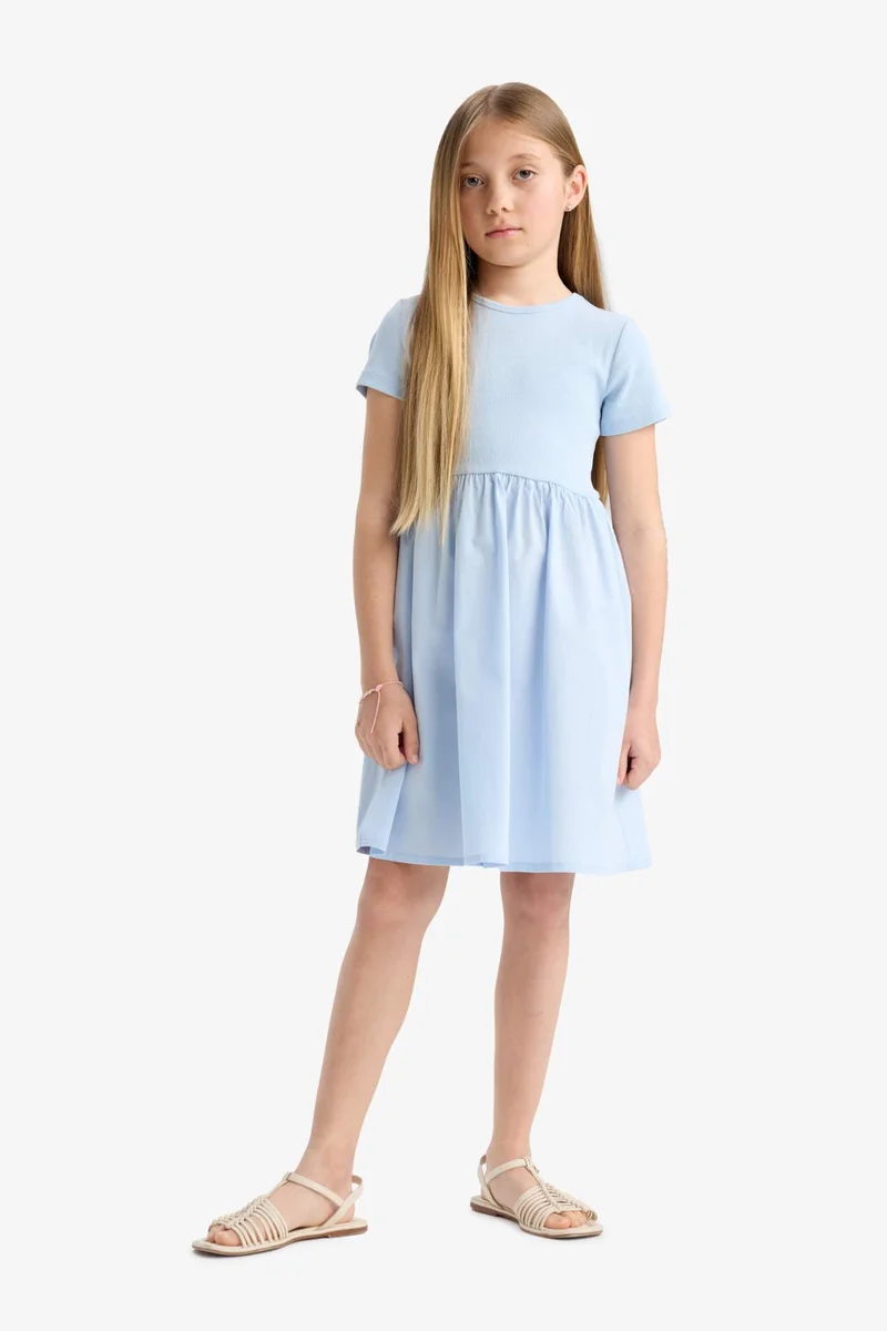 Defacto Girl Crew Neck Corduroy Short Sleeve Dress