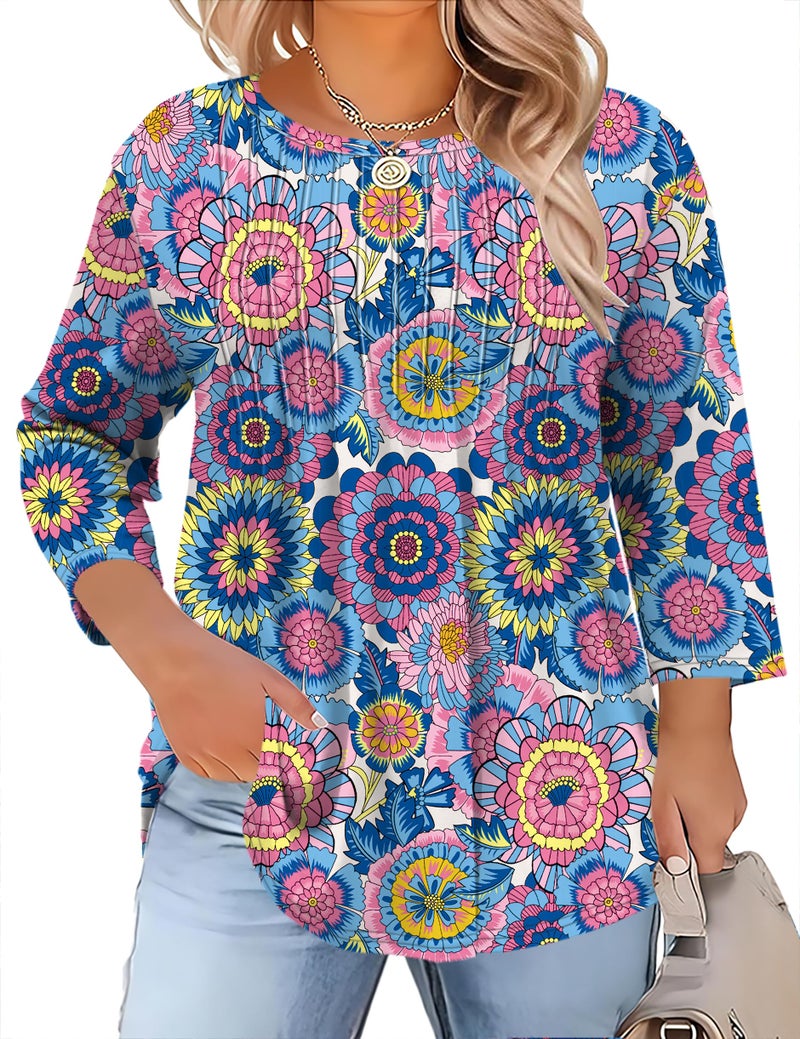 TFSDOD Womens Plus Size Womens Shirts Trendy Spring Outfits for Women 2026 Crewneck Casual Pleated Tunics Summer Tops - Image 1