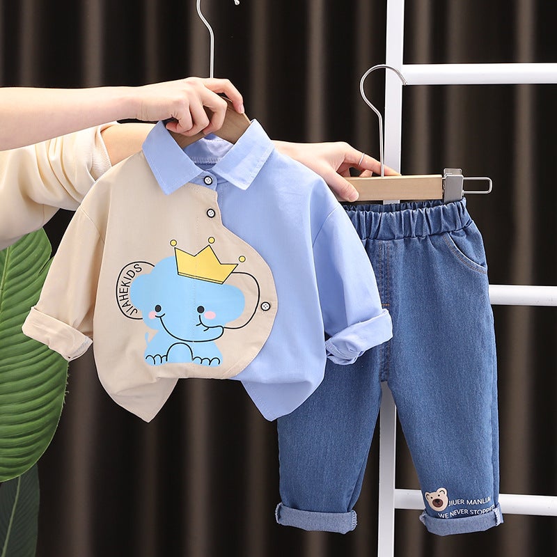 Five Little seven childrens clothing boys autumn shirt suit 2023 new Korean style childrens autumn long sleeve cartoon two-piece suit Blue