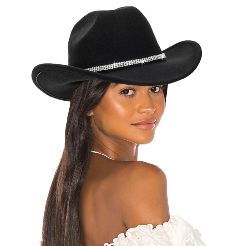 CaySep Women-Rhinestone-Western-Cowboy-Hats - Vintage-Wide-Brim-Cowgirls-Hat Bling-Diamond-Hat for Disco Music Party M/L Black - Image 5