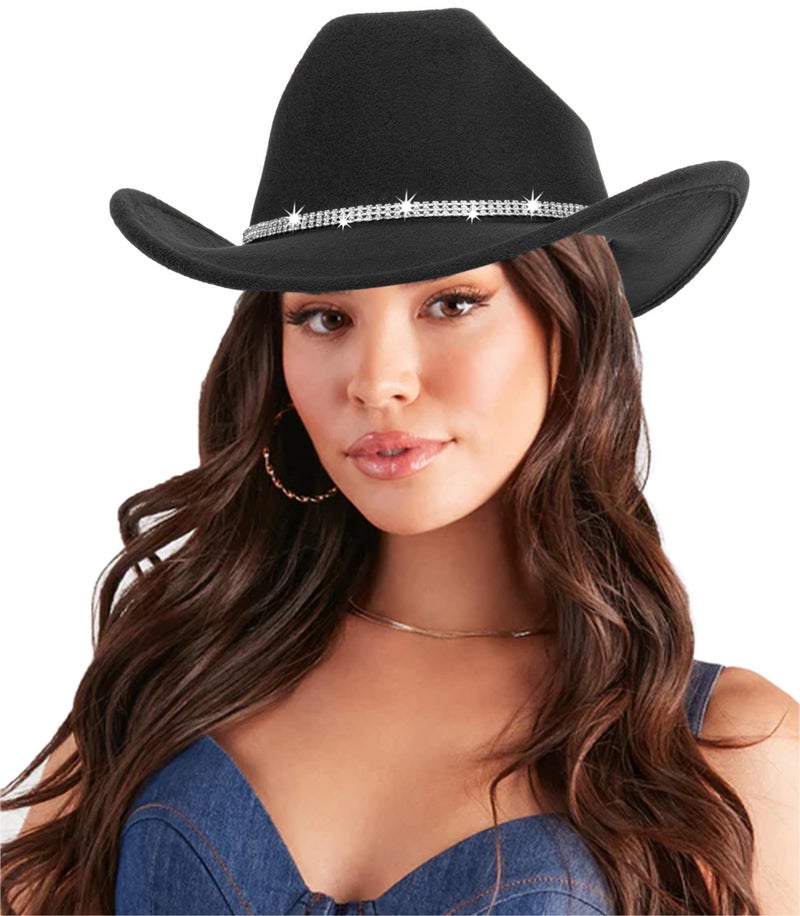 CaySep Women-Rhinestone-Western-Cowboy-Hats - Vintage-Wide-Brim-Cowgirls-Hat Bling-Diamond-Hat for Disco Music Party M/L Black - Image 1
