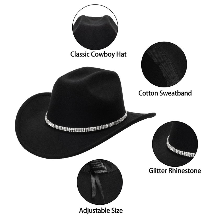 CaySep Women-Rhinestone-Western-Cowboy-Hats - Vintage-Wide-Brim-Cowgirls-Hat Bling-Diamond-Hat for Disco Music Party M/L Black - Image 3