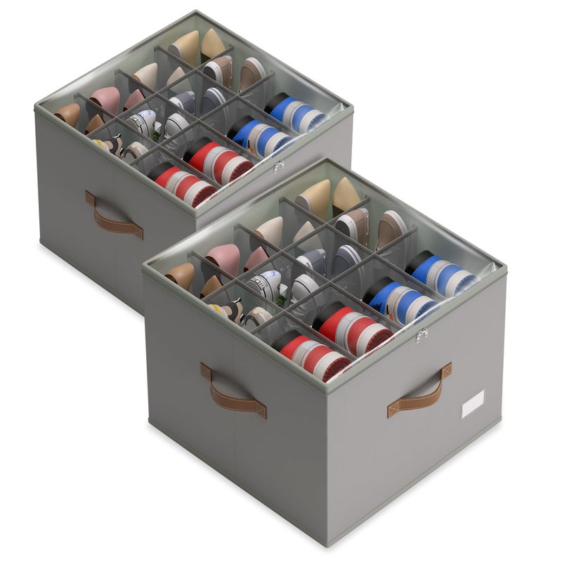 Vincona Shoe Organizer for Closet,2 Pack Shoe Storage Bins Foldable Shoe Storage Box Containers with Clear Cover and Sturdy Handles,Shoe Rack for Closet Storage for Sneakers Heels Slippers (Grey) - Image 1