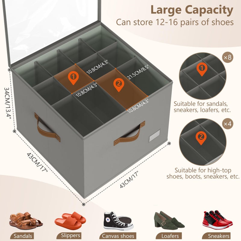Vincona Shoe Organizer for Closet,2 Pack Shoe Storage Bins Foldable Shoe Storage Box Containers with Clear Cover and Sturdy Handles,Shoe Rack for Closet Storage for Sneakers Heels Slippers (Grey) - Image 2